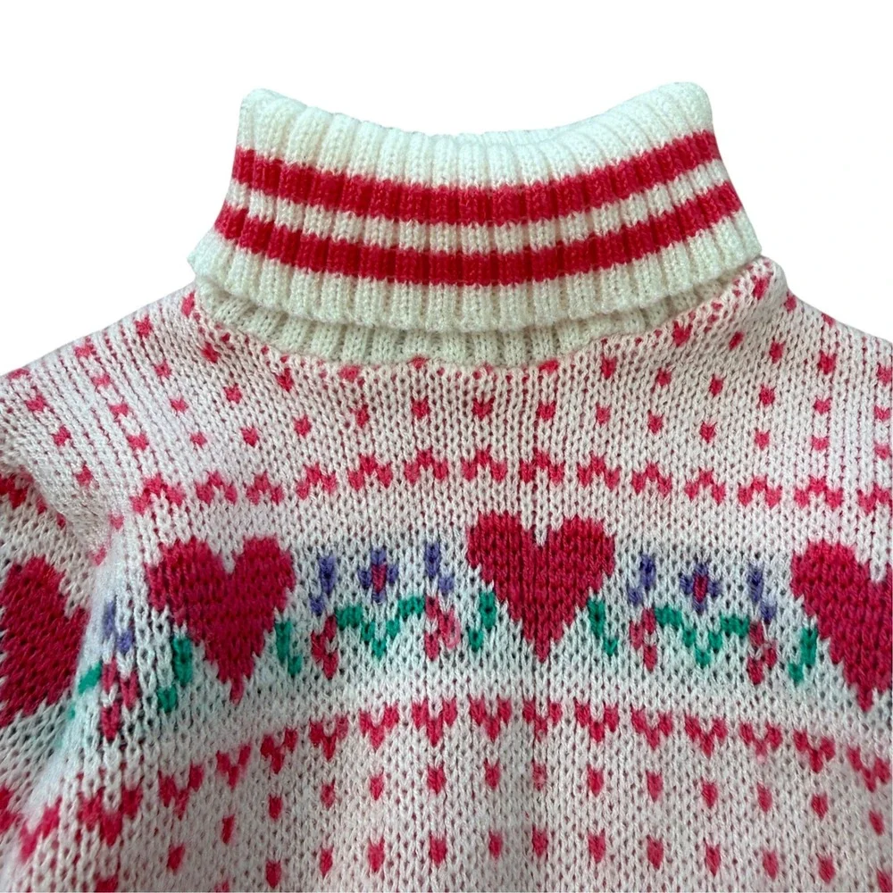 Vintage Baby Fair Heart Floral Fair Isle Turtleneck Sweater 18 Months Pink White